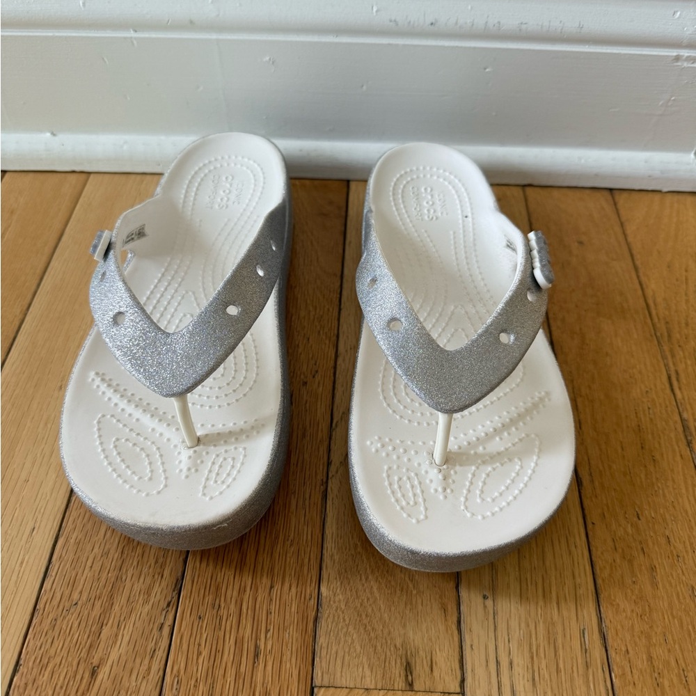 Women's Silver Glitter Wedge Flip Flop Sandals